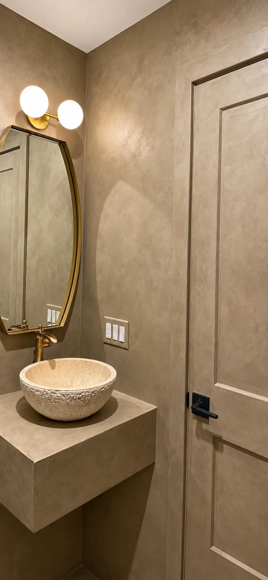 Modern bathroom vanity with round textured sink, gold-framed mirror, dual globe lights, and beige walls